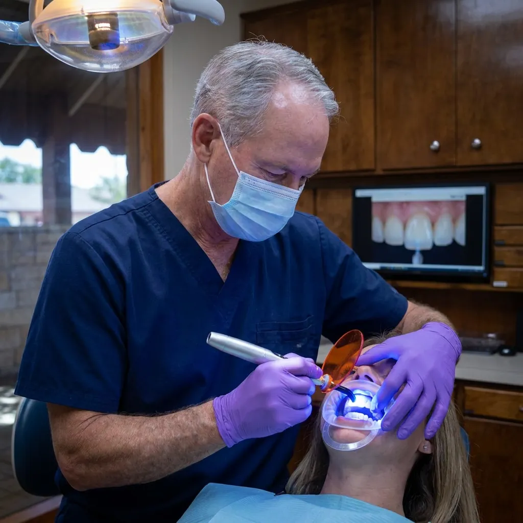 Dr. Cutbirth uses a blue curing light to bond a veneer for a patient at his Steven T. Cutbirth DDS office in Waco, TX.