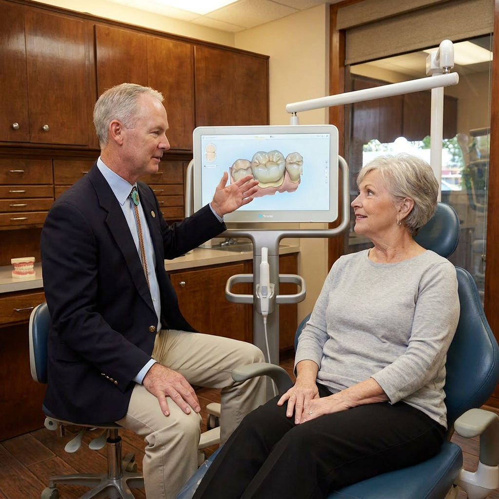 Dr. Steven T. Cutbirth shows a Waco patient a 3D dental crown model on a chairside monitor in a modern dental office.