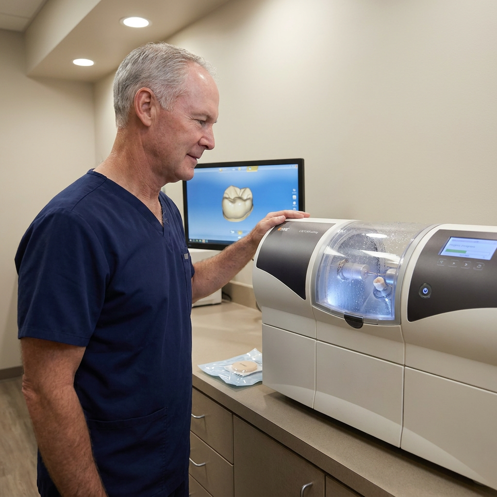 Dr. Cutbirth monitors a CEREC milling unit as it shapes a custom dental crown at Steven T. Cutbirth DDS in Waco, TX.