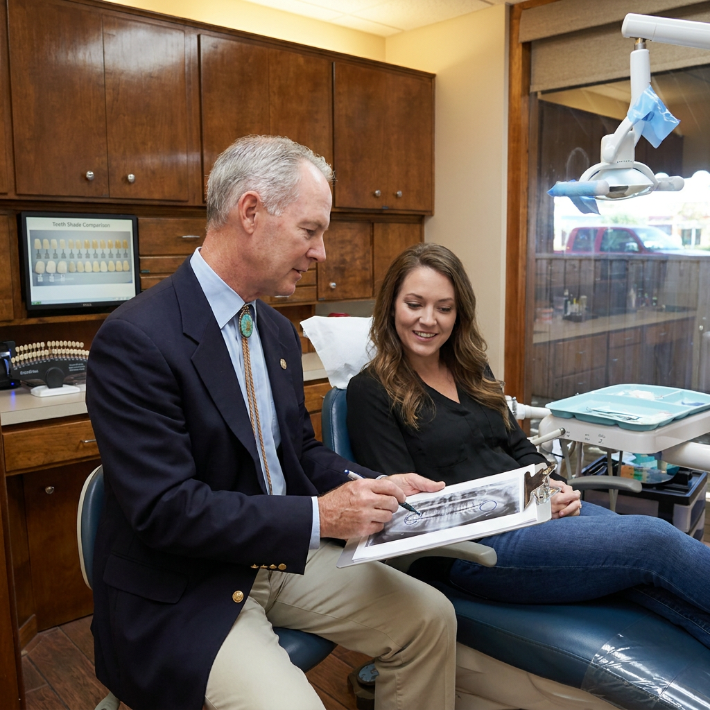 Dr. Steven T. Cutbirth circles teeth whitening target zones on an X-ray for a patient in Waco, TX.