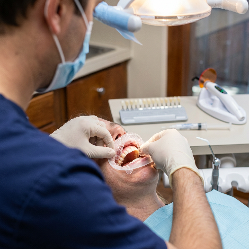 A gloved hand places a gel-filled whitening tray on a patient at Steven T. Cutbirth DDS in Waco, TX.