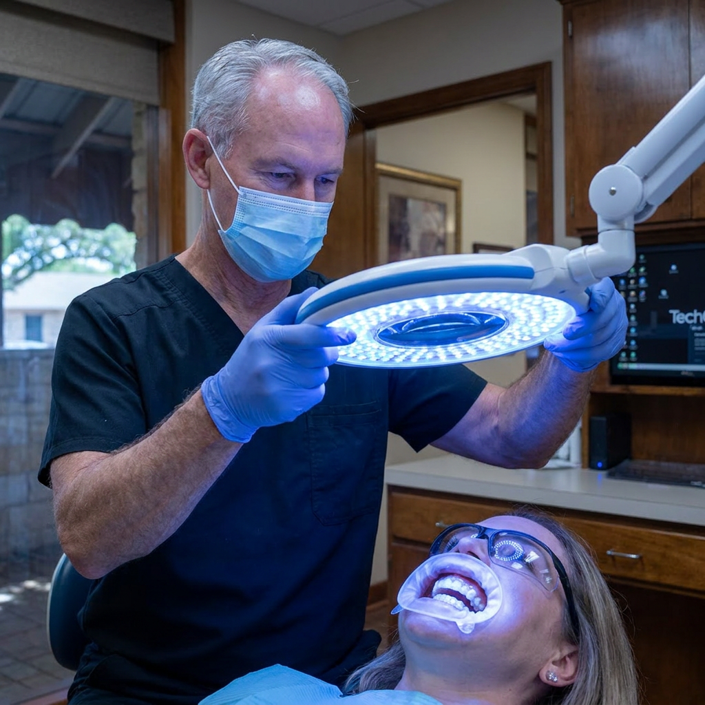 Dr. Cutbirth adjusts a blue LED whitening lamp over a patient at Steven T. Cutbirth DDS in Waco.