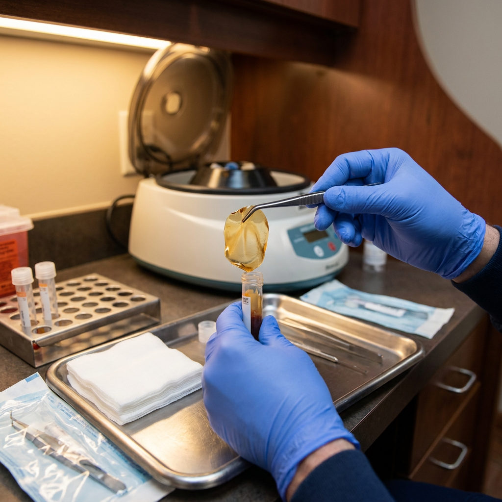 Gloved hands lift an amber gold PRF membrane from a centrifuge tube during a procedure at Steven T. Cutbirth DDS.