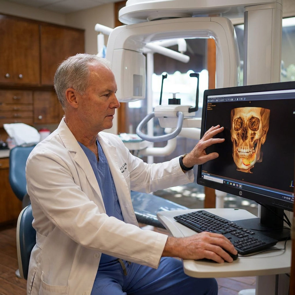 Dr. Cutbirth reviews a 3D CBCT scan on a monitor to plan a PRF treatment in his Waco, TX dental office.