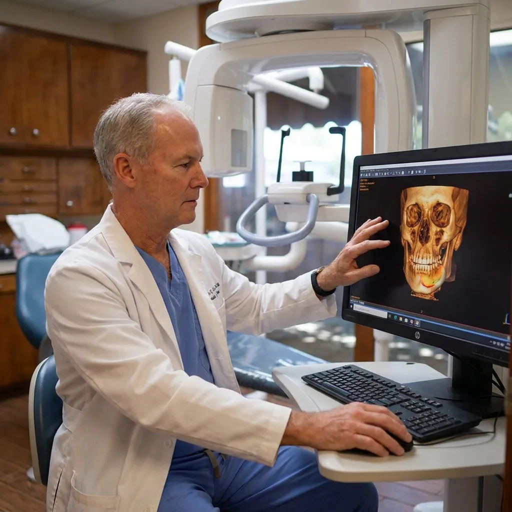 Dr. Cutbirth reviews a 3D CBCT scan on a monitor to plan a PRF treatment in his Waco, TX dental office.