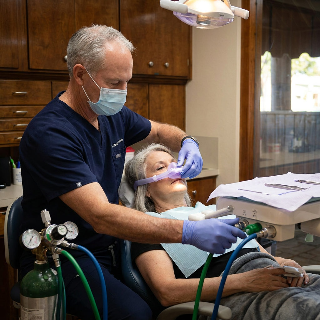 Dr. Cutbirth adjusts a nitrous oxide nasal hood for a relaxed patient during sedation dentistry in Waco, TX.