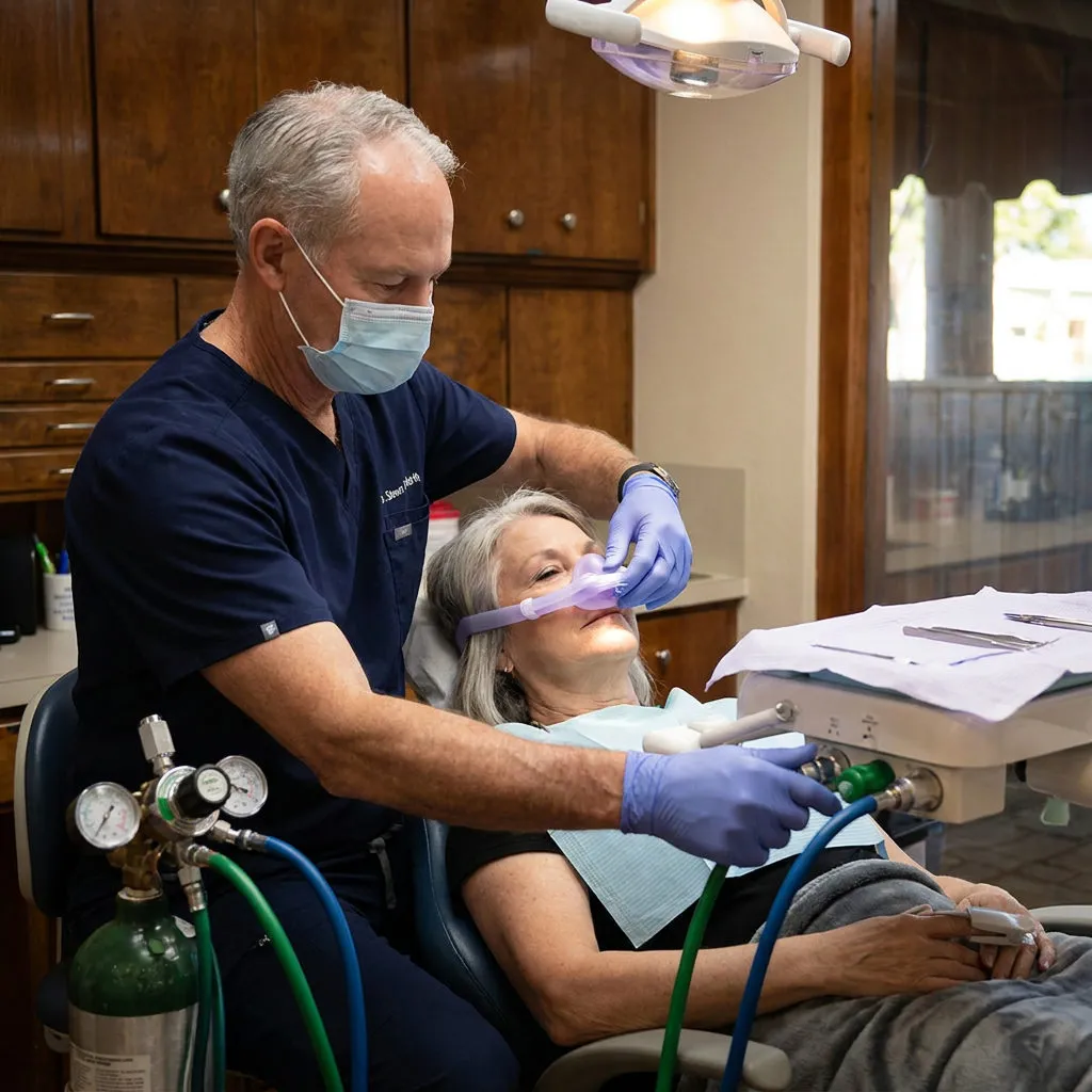 Dr. Cutbirth adjusts a nitrous oxide nasal hood for a relaxed patient during sedation dentistry in Waco, TX.