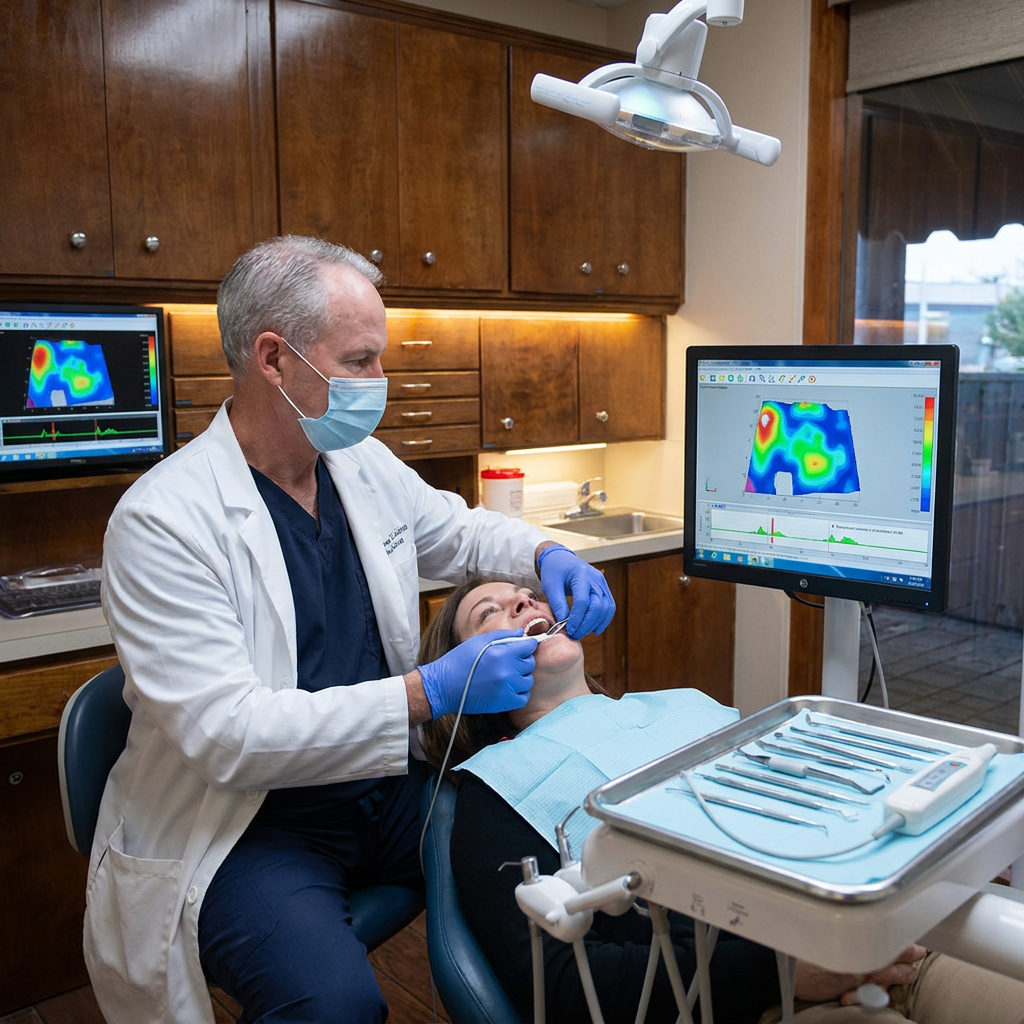 Dr. Cutbirth uses a T-Scan sensor to map a patient's bite force at Steven T. Cutbirth DDS in Waco, TX.