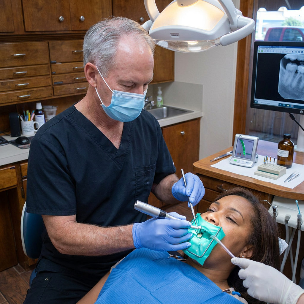 Dr. Steven T. Cutbirth performs a root canal procedure in Waco, TX using a rotary file and teal rubber dam.