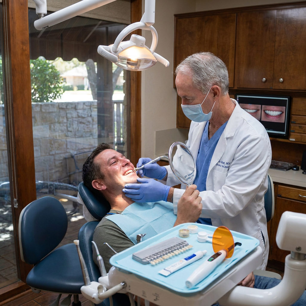 Dr. Steven T. Cutbirth shows a Waco patient his new veneers in a mirror during a cosmetic dentistry appointment.