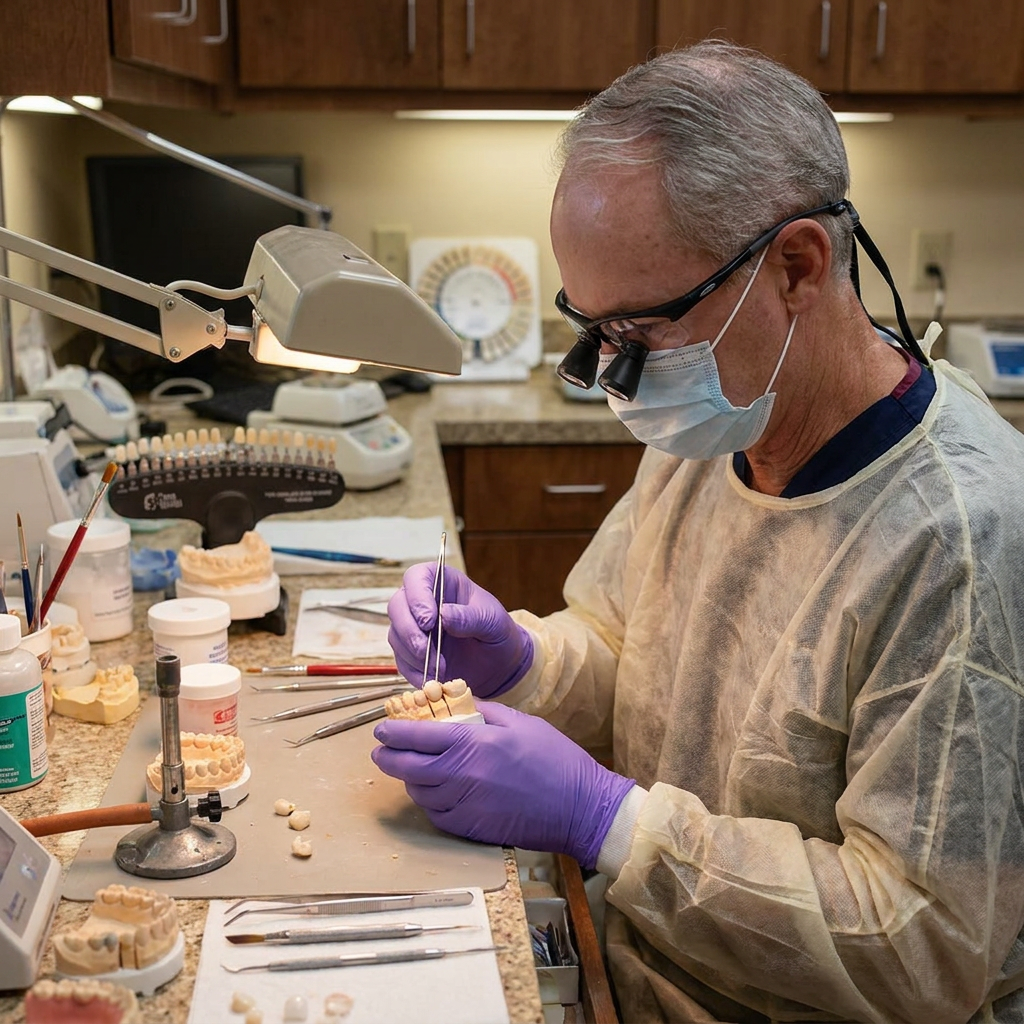 Dr. Cutbirth crafts a dental crown at a laboratory workbench with precision tools in Waco, TX.