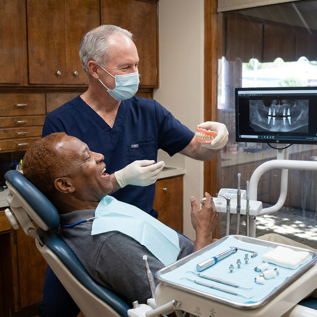 Dr. Steven T. Cutbirth shows a Waco, TX patient his new All-on-4 dental prosthesis while a digital scan displays on a monitor