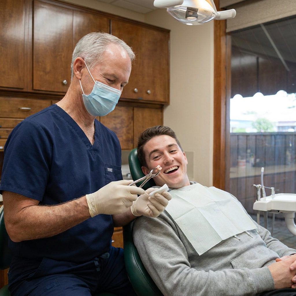 Dr. Cutbirth shows a removed tooth to a smiling patient after an extraction at Steven T. Cutbirth DDS in Waco, TX.