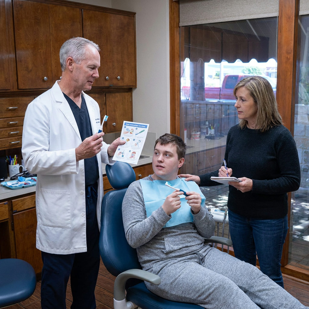 Dr. Steven T. Cutbirth discusses home care and adaptive tools with a patient and their caregiver in Waco, TX.