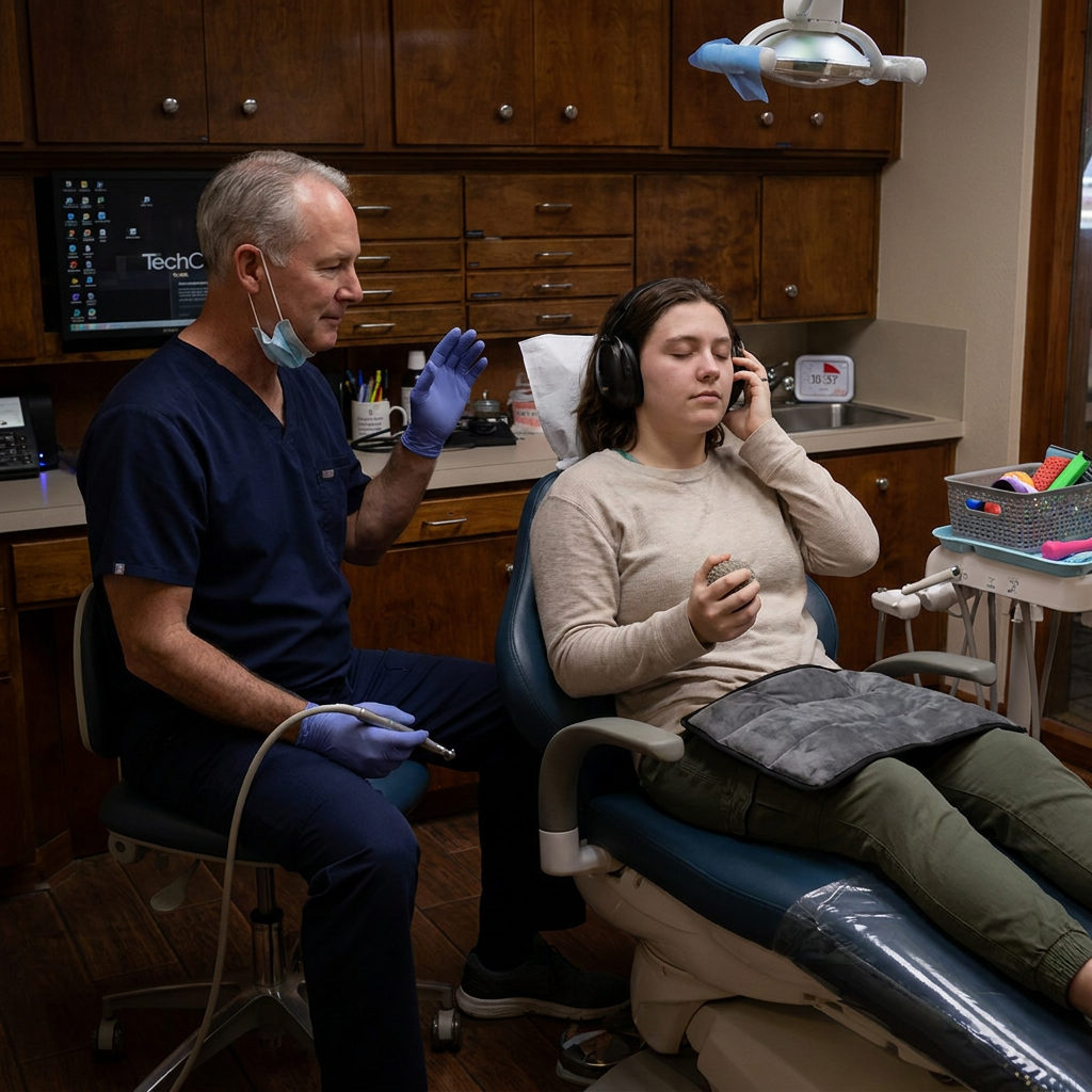 A Waco dentist pauses treatment at Steven T. Cutbirth DDS to allow an autistic patient time to use sensory regulation items.