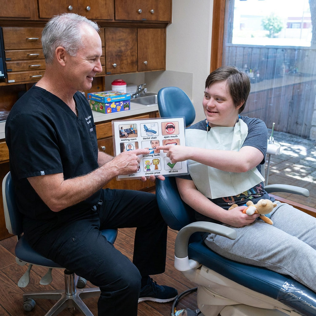 Dr. Steven T. Cutbirth reviews a visual picture schedule with a patient in his Waco, TX special needs dental operatory.