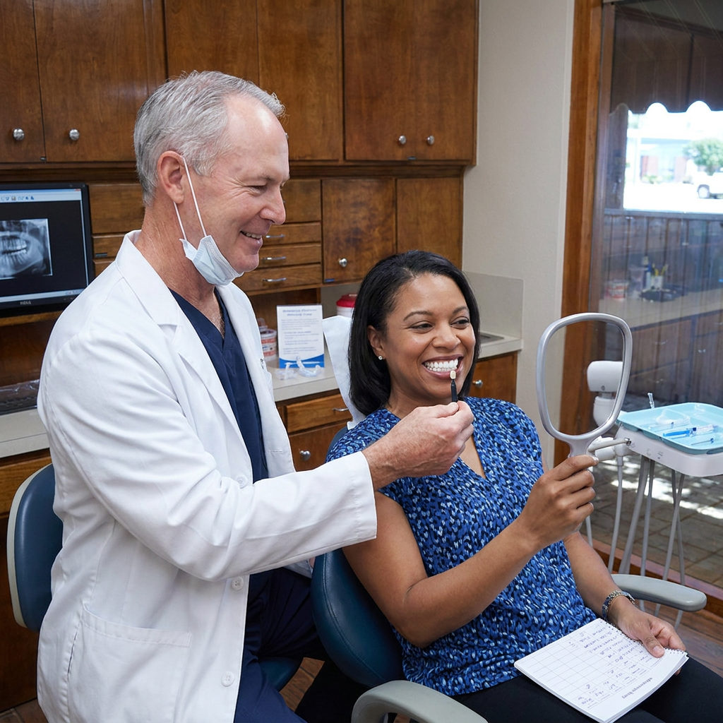 Dr. Cutbirth shows a Waco patient their whitened smile using a shade guide and mirror after take-home treatment.