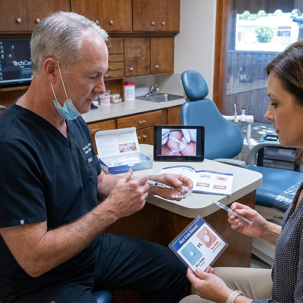 A dentist in Waco, TX, shows a patient how to apply small dots of whitening gel into a custom tray at Steven T. Cutbirth DDS.