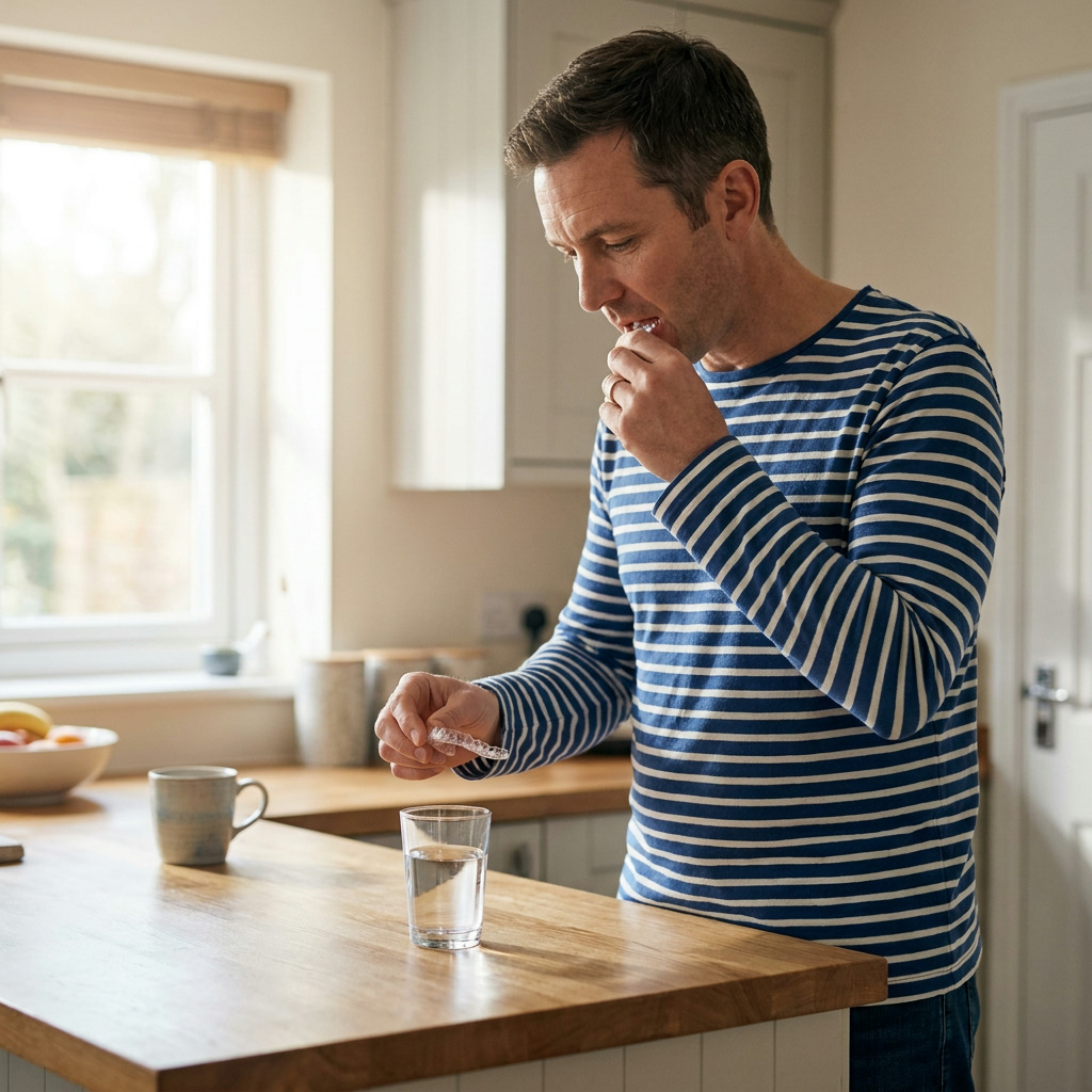 Owen stands in a kitchen, wearing a blue and white striped shirt, holding a clear dental aligner tray over a glass of water, while his other hand is near his mouth.