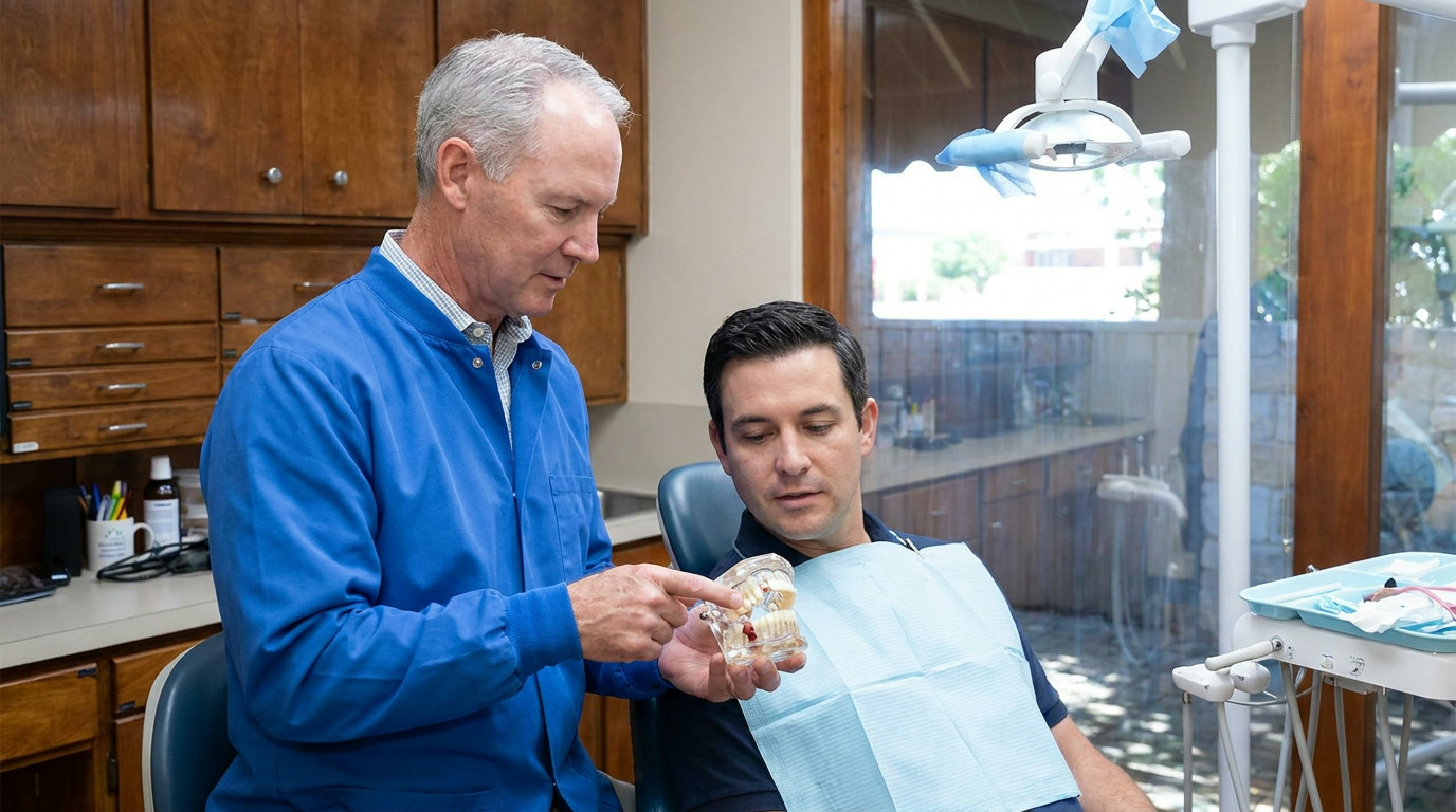 Dr. Steven T. Cutbirth in a blue scrub jacket points to a clear jaw model while explaining something to Owen, who is seated in a dental chair with a blue bib, in a dental office with wood cabinets and a window.