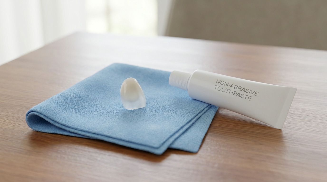 A porcelain dental veneer and a white tube of non-abrasive toothpaste rest on a folded blue cloth on a wooden surface.