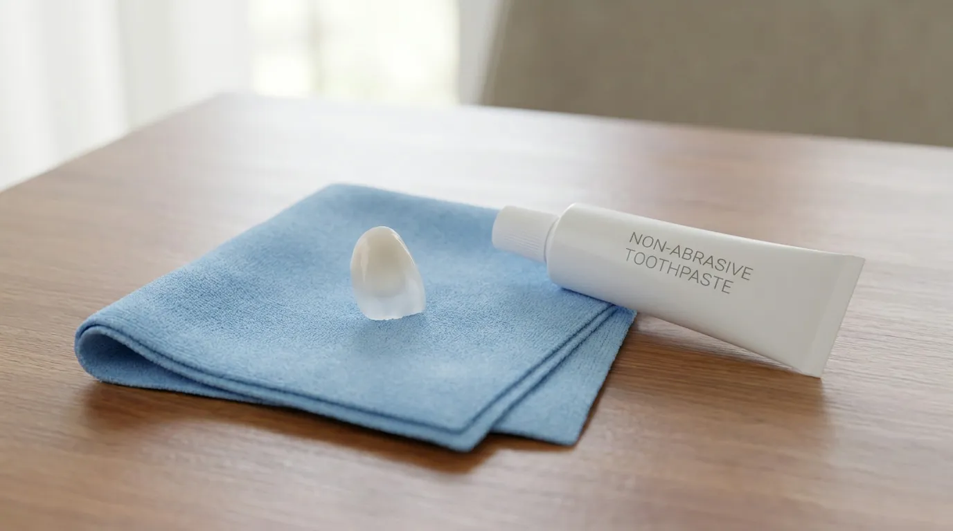 A porcelain dental veneer and a white tube of non-abrasive toothpaste rest on a folded blue cloth on a wooden surface.