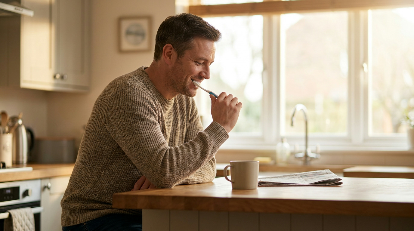 A man in a brown sweater brushes his teeth at a kitchen island with a newspaper and mug nearby, bathed in morning light from a large window.