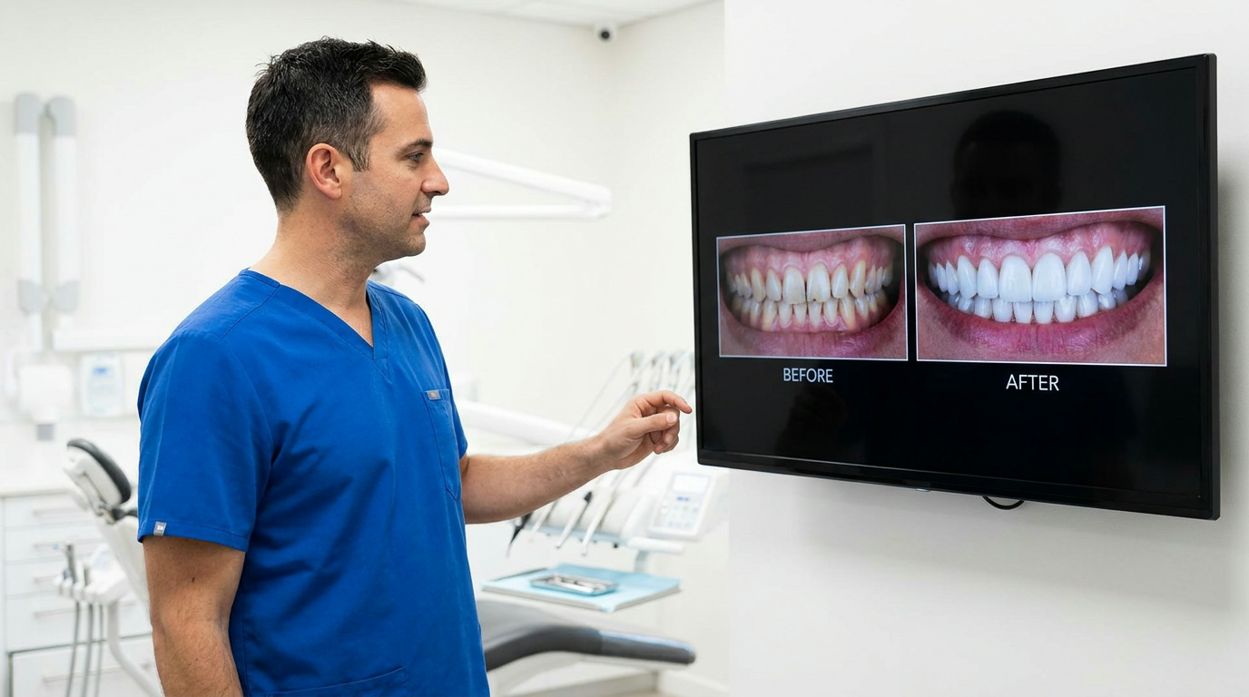 A dentist in blue scrubs points to a monitor displaying "before" and "after" images of teeth, with dental equipment visible in the background.