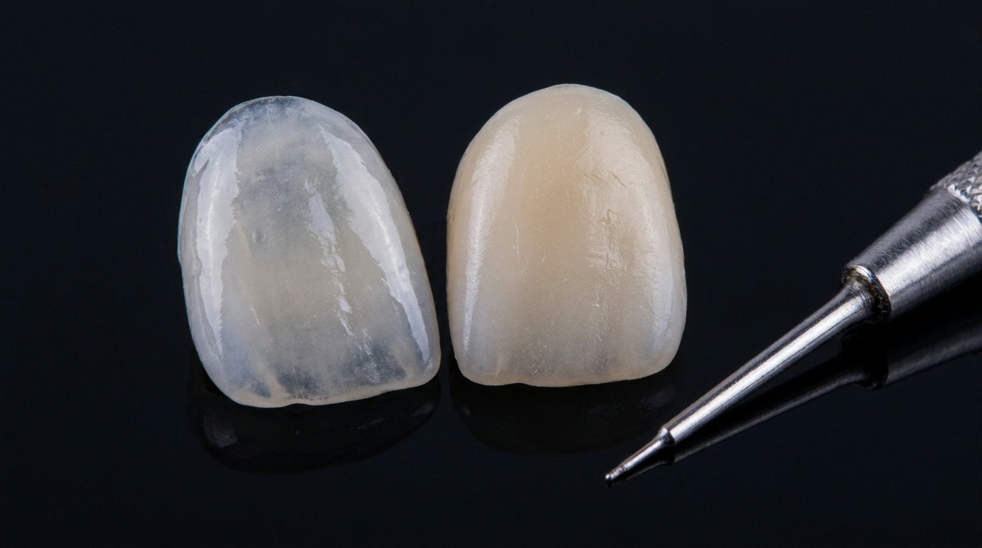 Two dental veneers, one translucent and one opaque, sit on a polished black surface next to a silver dental tool.