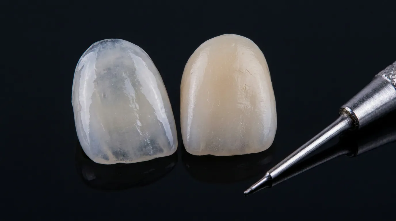 Two dental veneers, one translucent and one opaque, sit on a polished black surface next to a silver dental tool.