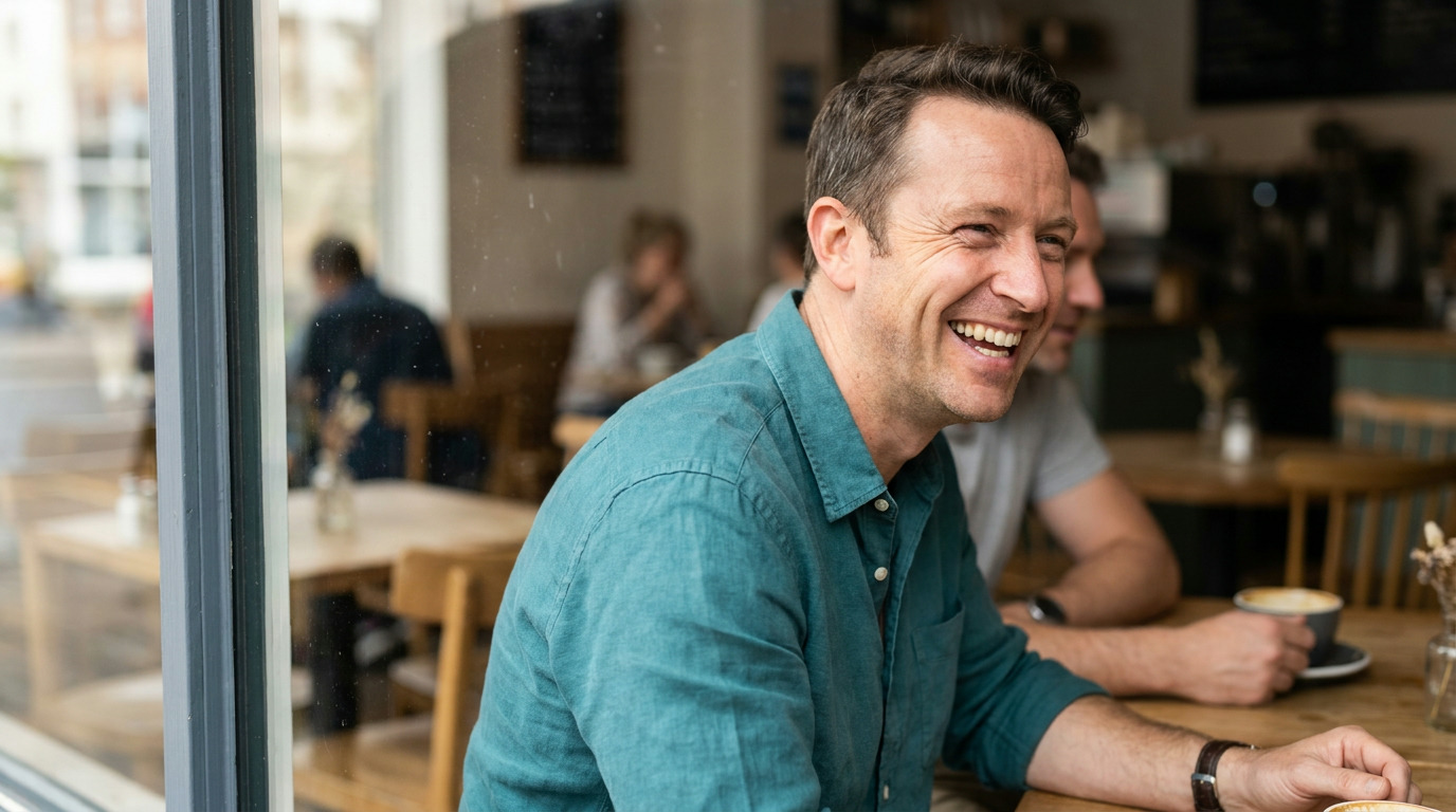 Owen, wearing a teal shirt, laughs while sitting at a cafe table with another person, seen through a window reflecting the street outside.