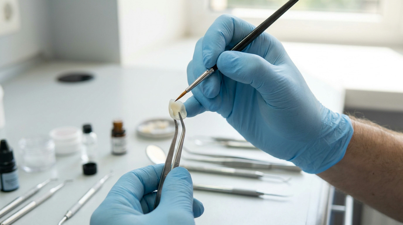 Gloved hands hold a dental crown with tweezers and apply material to it with a small brush, surrounded by dental tools and bottles on a white surface.