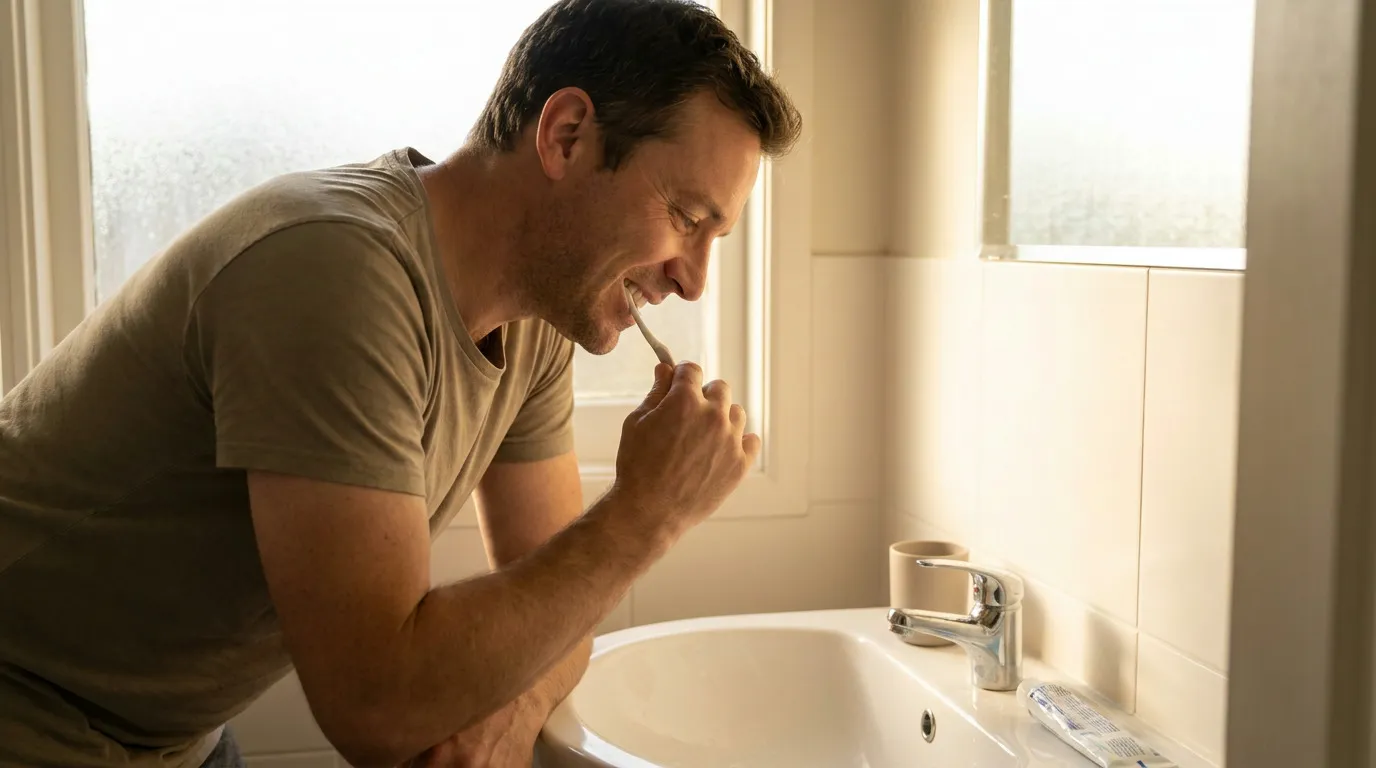 Owen smiles while brushing his teeth with a white toothbrush over a white sink in a sunlit bathroom.