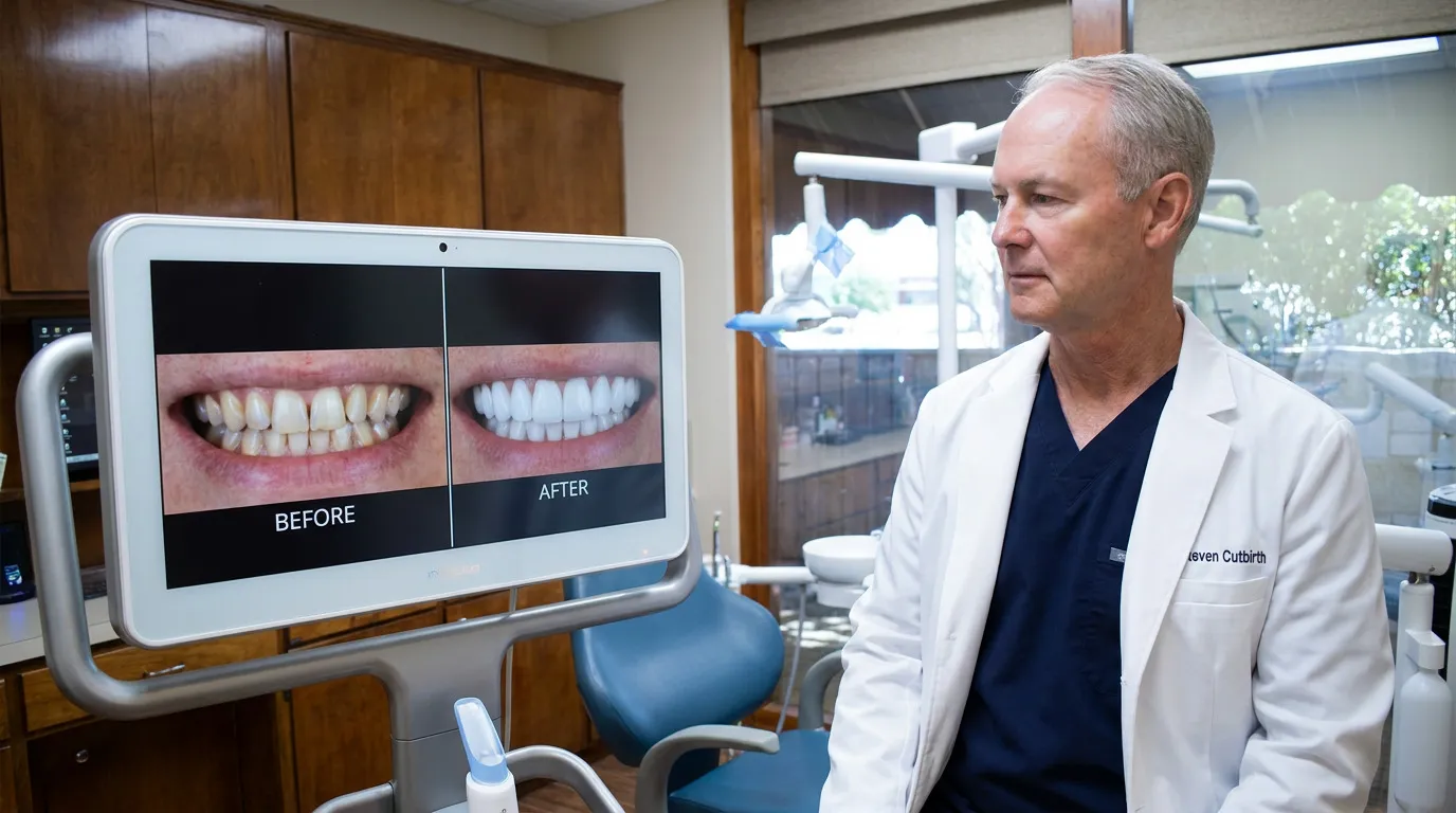 Dr. Steven Cutbirth, in a white coat and navy scrubs, looks right while a monitor to his left displays before and after images of teeth.