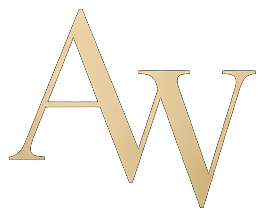 Stylized initials AW in gold on a black background.