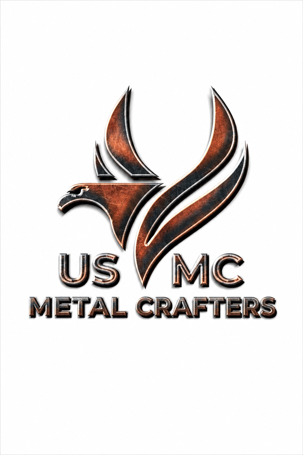 Logo with stylized eagle head and wings above text reading USMC Metal Crafters in metallic texture.