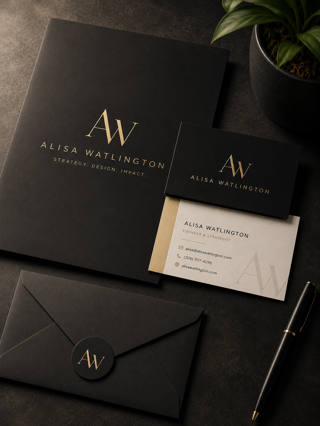 Black and gold branded stationery including folder, business cards, envelope, and pen for Alisa Watlington.