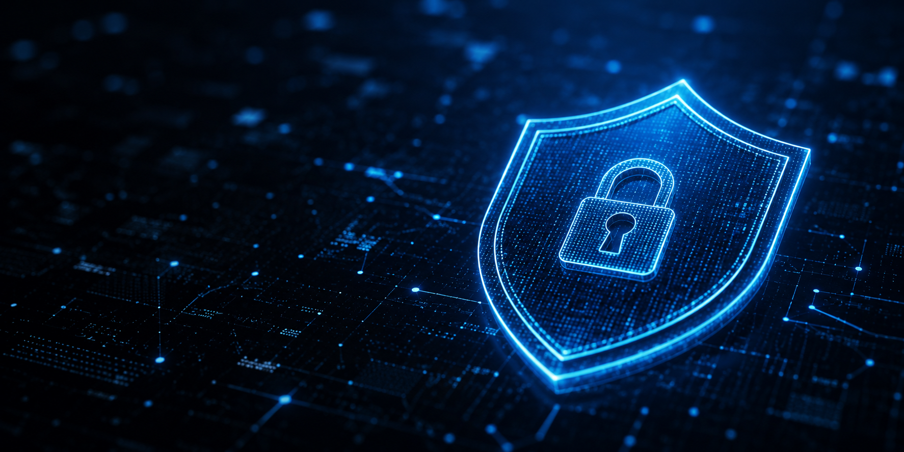 Glowing blue shield with a padlock icon representing cybersecurity and data protection.