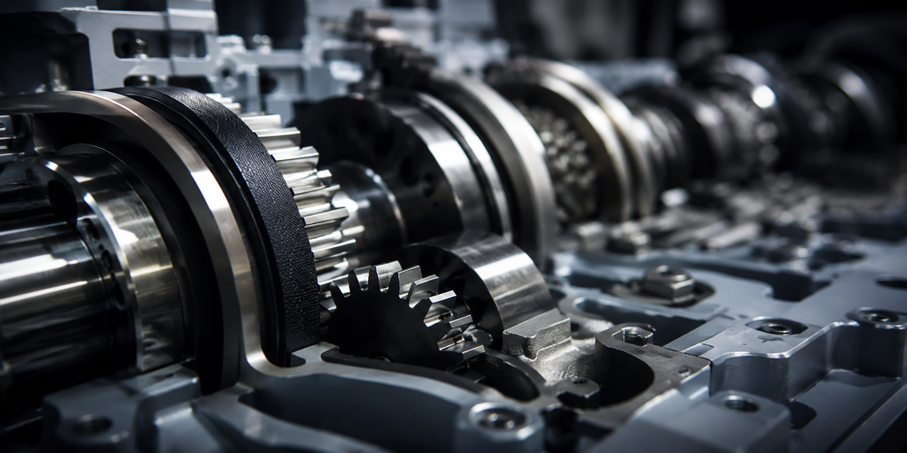 Close-up of shiny metal gears and components in a complex mechanical transmission system.