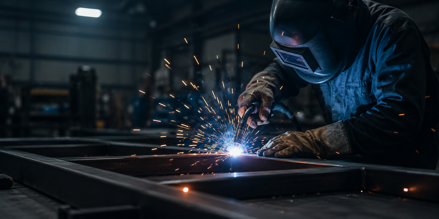 Welder wearing protective gear welding metal beams with sparks flying in a workshop.