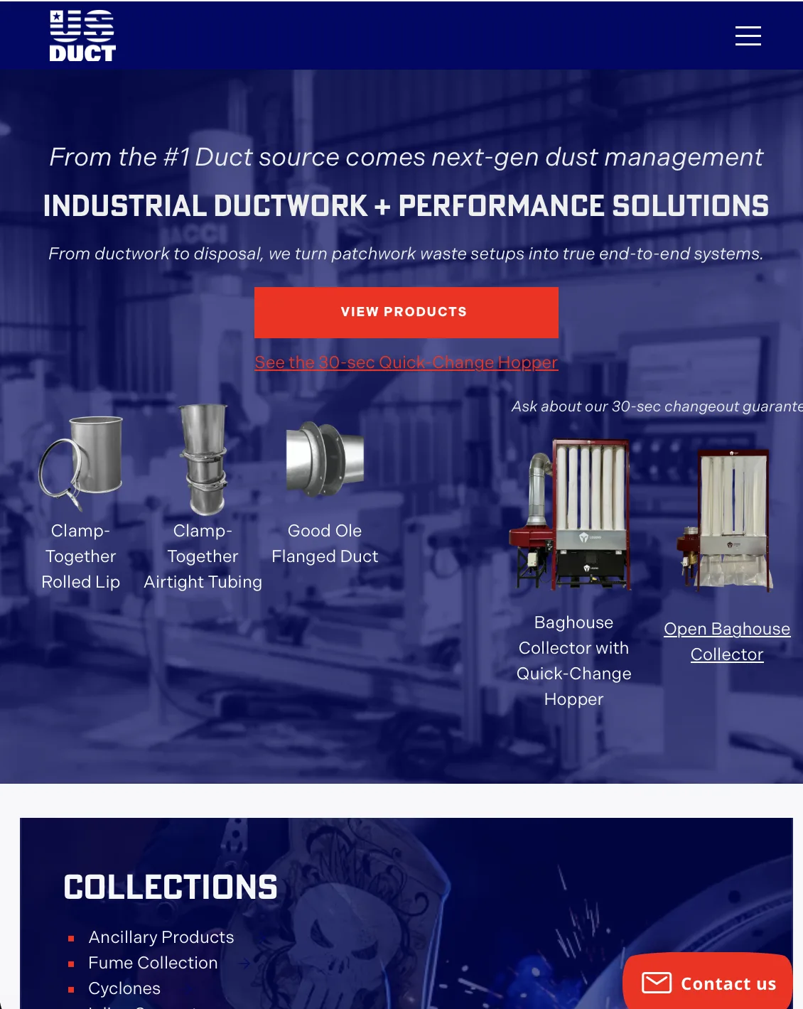 Industrial ductwork and performance solutions with images of duct parts and baghouse collectors.