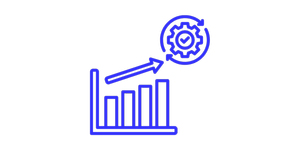 Blue bar chart with rising bars and an arrow pointing to a gear and heart icon above the chart.