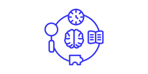 Blue icons of a brain, clock, book, person, and graduation cap connected in a circle on black background.