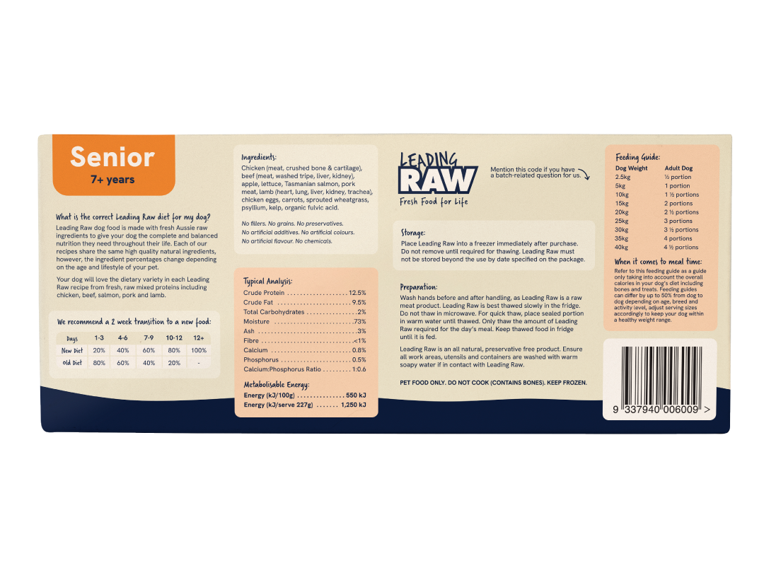 Back of the Leading Raw Senior pack showing ingredients, typical analysis, feeding guide and preparation instructions.