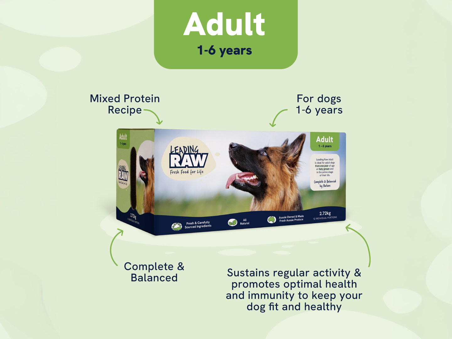 Leading Raw Adult pack for dogs 1–6 years — mixed protein recipe, complete and balanced, supports activity, health and immunity.