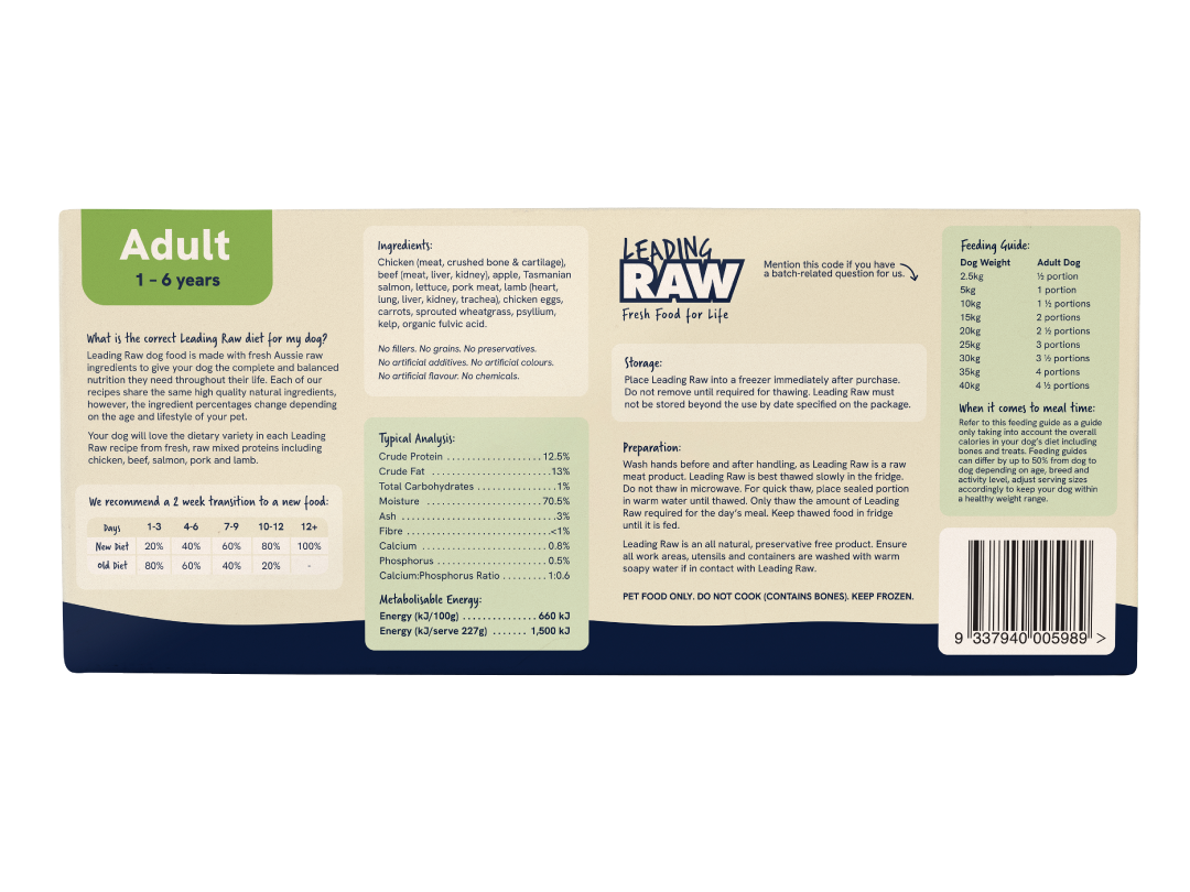 Back of the Leading Raw Adult pack showing ingredients, typical analysis, feeding guide and preparation instructions.
