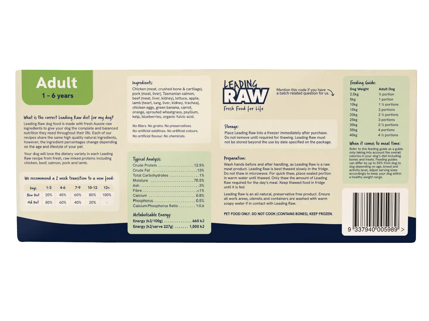 Back of the Leading Raw Adult pack showing ingredients, typical analysis, feeding guide and preparation instructions.