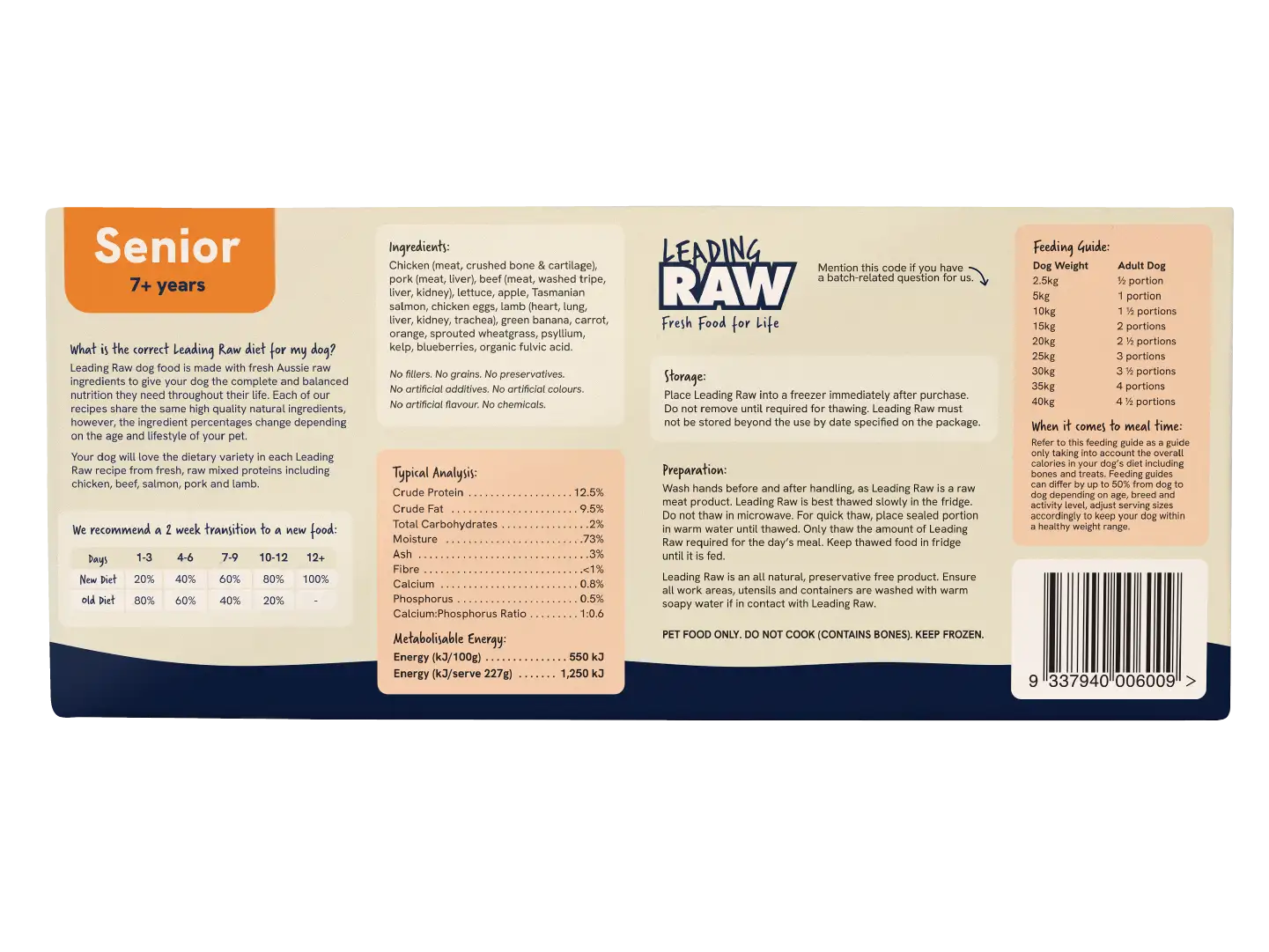 Back of the Leading Raw Senior pack showing ingredients, typical analysis, feeding guide and preparation instructions.