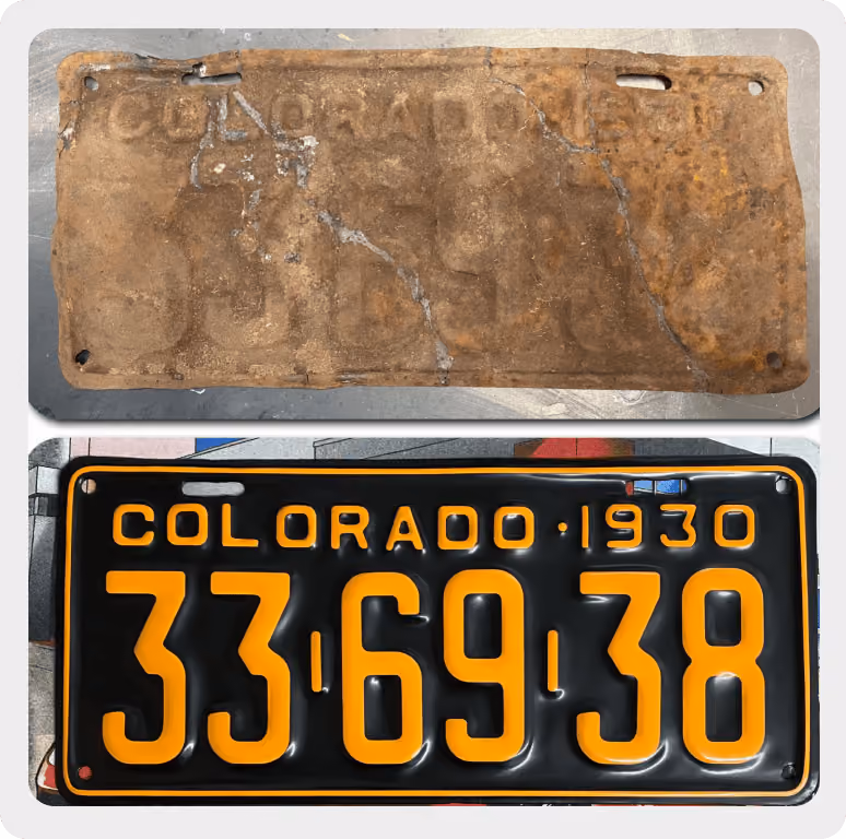 Before and after images of a 1930 Colorado license plate, rusty and restored bright black and yellow.