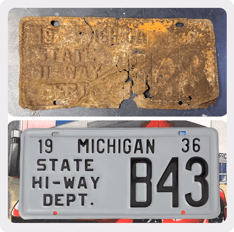 Comparison of old rusty Michigan State Highway Dept. license plate and restored 1936 black on gray version B43.